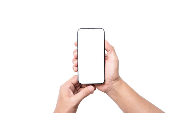 Isolar Mão Segurando Tela Branco Smartphone Fundo Branco Com Caminho — Fotografia de Stock