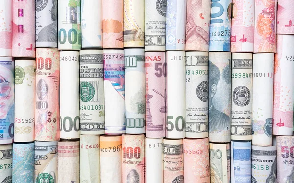 Vista Superior Dos Rolos Notas Internacionais Para Transferência Dinheiro Troca — Fotografia de Stock