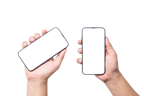 Isolate Hand Holding Blank Screen Smartphone White Background Clipping Path — Stock Photo, Image