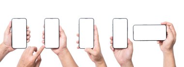 El 'in beyaz arka planda boş akıllı telefon ekranını tutarken izolasyon koleksiyonu. Model reklamı ve sosyal simge için kırpma yolu..