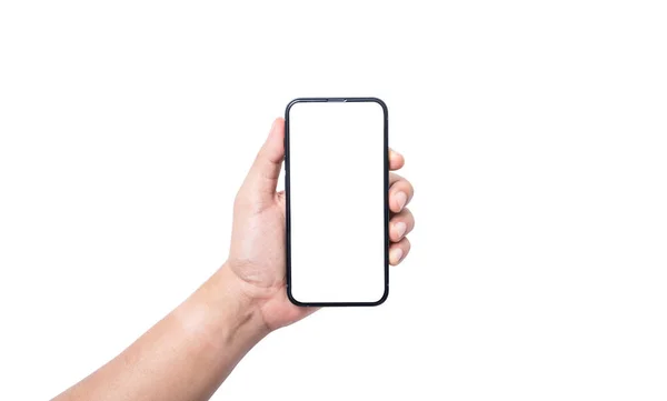 Isolar Mão Segurando Tela Branco Smartphone Fundo Branco Com Caminho — Fotografia de Stock