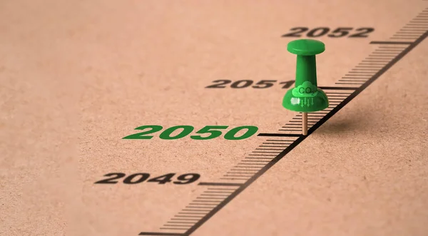 Épinglette Verte Sur 2050 Année Protocole Kyoto Avec Icône Réduction — Photo