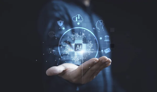 Affärsman Som Innehar Virtuell Eller Artificiell Intelligens Med Teknik Ikoner — Stockfoto