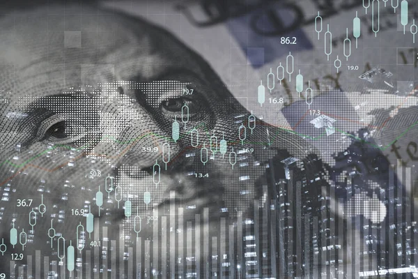 Double exposure of  Benjamin Franklin face on USD banknote with stock market chart graph and cityscape for currency exchange and global trade forex concept.
