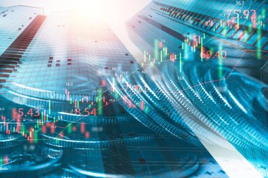 Ekonomi ve finans bankacılığı konsepti için sıra paraların çifte pozlandırılması şehir manzarası ve borsa grafik şeması.