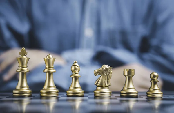Golden Chess Front Businessman Business Strategy Tactic Leadership Assignment Concept — Stock Photo, Image