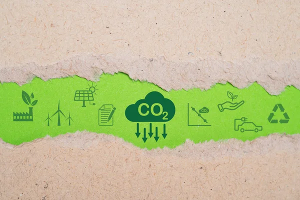 Redução Co2 Reciclagem Ícone Fábrica Verde Papel Rasgado Verde Para — Fotografia de Stock