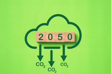 Karbondioksit emisyonunu, karbon ayak izini ve karbon kredisini azaltmak için CO2 ikonu içeren 2050 Kyoto protokolü küresel ısınmayı iklim değişikliği kavramından sınırlamak için.