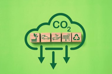 CO2 reducing icon ,Recycle ,Green factory ,Electric vehicle for decrease carbon dioxide emission ,carbon footprint and carbon credit to limit global warming from climate change concept. clipart