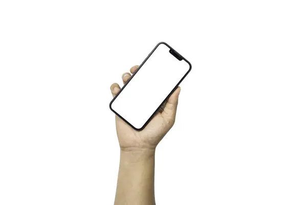 Isolamento Mão Segurando Tela Branco Smartphone Fundo Branco Com Caminho — Fotografia de Stock