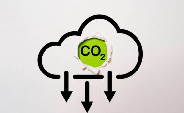CO2, küresel ısınmayı iklim değişikliği ve Kyoto protokol kavramından sınırlamak için karbon ayak izi ve karbon kredisini azaltmak amacıyla yeşil zemin üzerindeki ikonu azaltır.