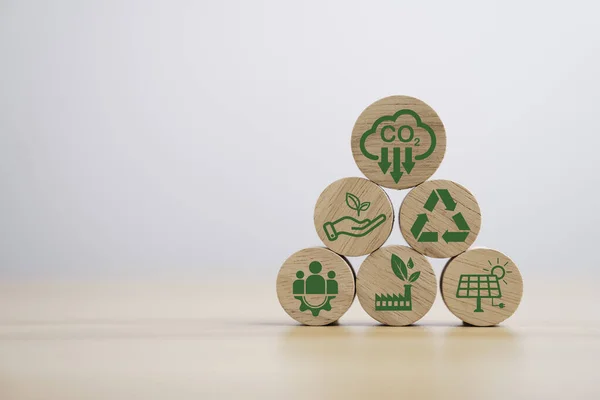 CO2 reducing icon print screen on wooden for decrease CO2 , carbon footprint and carbon credit to limit global warming from climate change, Bio Circular Green Economy concept.