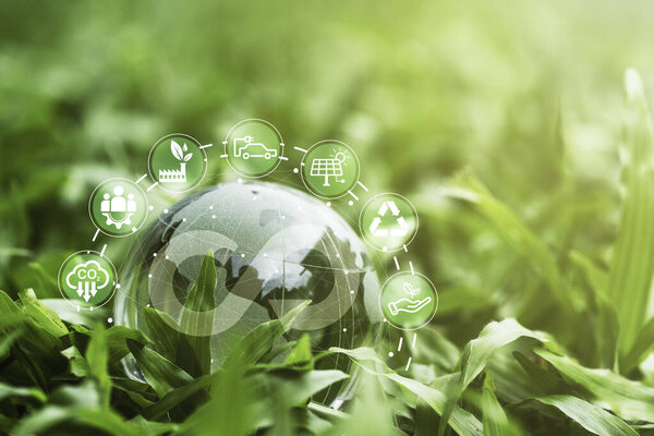 Символ бесконечности с иконками круговой экономики на кристаллическом мире и траве для будущего устойчивого роста инвестиций и снижения загрязнения окружающей среды для будущей концепции.