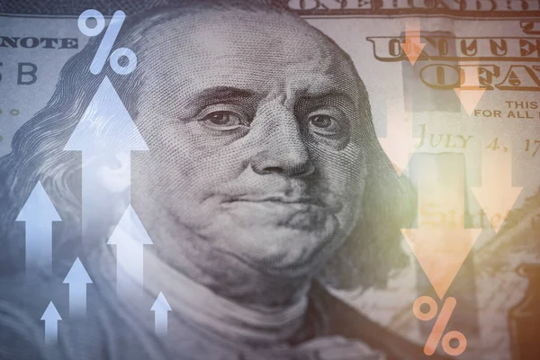 Closeup Benjamin Franklin Face Nota Usd Com Percentagem Seta Para — Fotografia de Stock