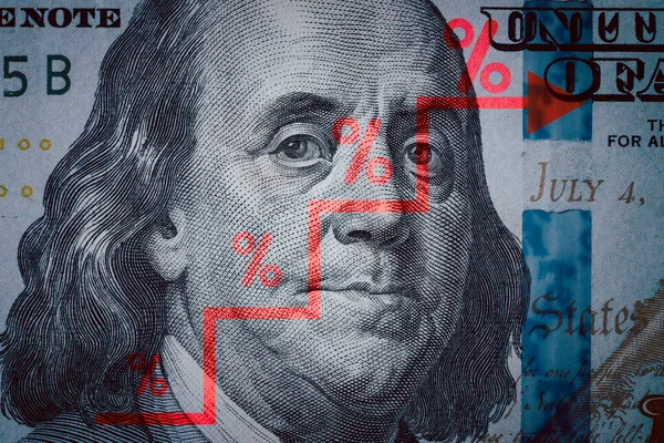 Closeup Benjamin Franklin Face Nota Usd Com Gráfico Tabela Bolsa — Fotografia de Stock