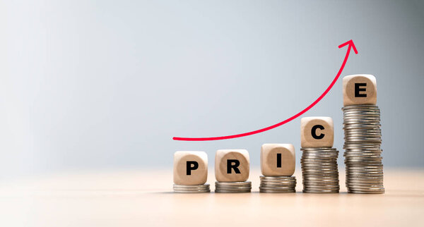 Price wording on increasing wooden block on coins stacking and red growth arrow for product price increase from inflation economy concept.