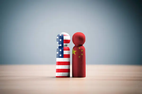 USA and China flags print screen on wooden figure for competition between both countries include tariff trade war , military war and technology  war concept.