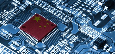 Çin bayrak baskı ekranı mikroçip işlemci üzerinde elektronik panoda bilgisayar akıllı telefonunun önemli bir bileşeni için, Çin küresel tedarik zinciri konsepti dünyanın en büyük üretimidir..