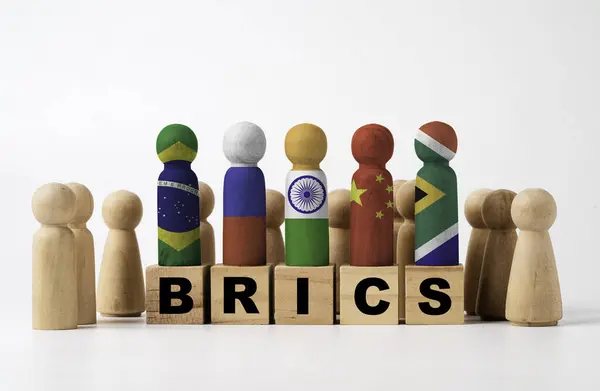 Brazil Russia India China and South Africa flag print screen on wooden figure for BRICS economic international cooperation summit meeting concept.