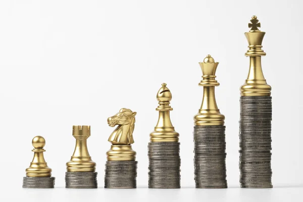 Golden Chess Include King Queen Horse Ship Pawn Increasing Coins — Stock Photo, Image