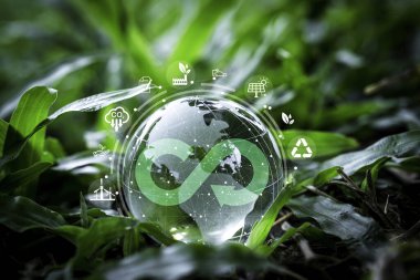Yeşil çimenler üzerinde sonsuz sembol ve çevre ekolojisine sahip kristal dünya, dairesel ekonomi ve sürdürülebilir konsept için geri dönüşüm karbon azaltma ve alternatif tüketim enerjisini azaltmayı içerir.