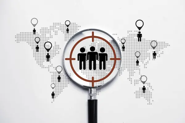 Human icon inside of magnifier glass with world map for customer focus analysis target group and customer relation management concept.