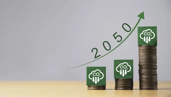 Reduction carbon emission symbol on increasing coins stacking for carbon footprint to limit global warming from climate change in Kyoto protocol within 2050 , Carbon credit can make money concept.
