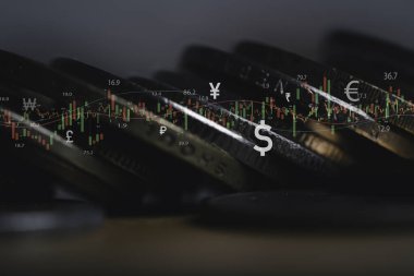 Yatırım ticareti borsa grafiği para transferi ve döviz konsepti için dolar yuan yen sterlin içerir.