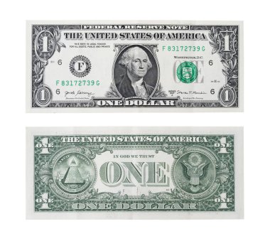 Beyaz arka planda bir dolar banknotunun ön ve arka tarafında 1 dolar izole edilmiş olarak, dolar Amerika Birleşik Devletleri 'nin para birimidir ve dünyadaki ana döviz kurudur..