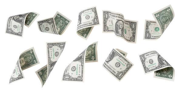 Коллекция банкнот номиналом в 1 доллар США на белом фоне, Доллар - валюта Соединенных Штатов Америки и является основной валютой и переводом в мире.