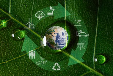 Küresel ısınmayı iklim değişikliğinden sınırlamak için CO2 'yi, karbon ayak izini ve karbon kredisini azaltmak için yeşil yaprak ve çevre ikonu üzerindeki dünya su damlası, NASA' dan gelen bu görüntünün elementi. 