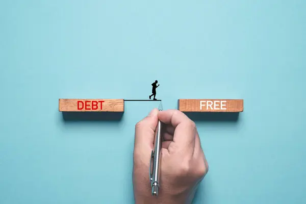 stock image Hand writing line to connect between deb and free wording for solving business consumer burden financial debt or borrow mortgage failure crisis concept.