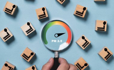 Çevre kirliliği faktörü ikonu arasında Başbakan 2.5 gösterge puanlı el ele tutuşan büyüteç sağlık ve yaşam tarzı kavramına 2,5 mikron hava kirliliği etkisi