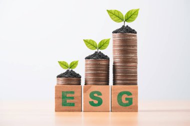 Yükselen madeni paralar üzerinde büyüyen ağaç ve Çevre Sosyal Hükümeti ekonomik kalkınma konsepti için ESG ifadeleri.