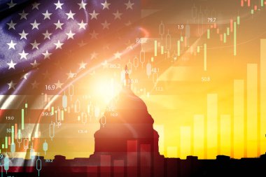 Amerika Birleşik Devletleri bayrağı ve ABD seçim başkanının ekonomi ve yatırım konseptiyle ilgili borsa tablosuyla Beyaz Saray 'ın silueti.