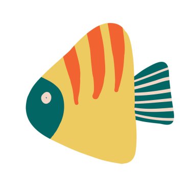 Vektör el düz bir şekilde sevimli balık çizdi. Sarı ve yeşil balıklar. Simge, logo, baskı, simge, kart, amblem, etiket için vektör illüstrasyonu. Akvaryum