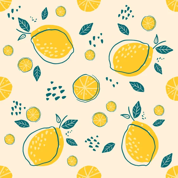 Elle çizilmiş sarı limonlu kusursuz tekrarlayan desen. kumaş, duvar kağıdı, tekstil, giyim, kapak, kartlar, davetiye, paket kağıdı, baskı, tekstil