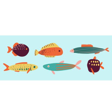 Büyük bir vektör el dizisi düz şekilli şirin balıklar çizdi. Balık vücudu, vektör simgeleri. Simge, logo, baskı, simge, kart, amblem, etiket için vektör illüstrasyonu. Akvaryum.
