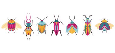 El yapımı böcek koleksiyonu. Böcek türleri ve egzotik böcek ikonları koleksiyonu. Komik böcekler. Simge, logo, yazdırma, simge, kart, amblem, etiket, web