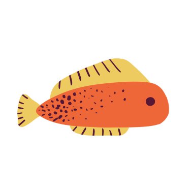 Vektör el düz bir şekilde sevimli balık çizdi. Turuncu balık. Simge, logo, baskı, simge, kart, amblem, etiket için vektör illüstrasyonu. Akvaryum