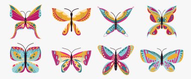 El yapımı kelebek koleksiyonu. Soyut dekoratif tasarım. Kelebek vektör simgeleri ayarlandı. Simge, logo, yazdırma, simge, kart, amblem, etiket için vektör illüstrasyonu.