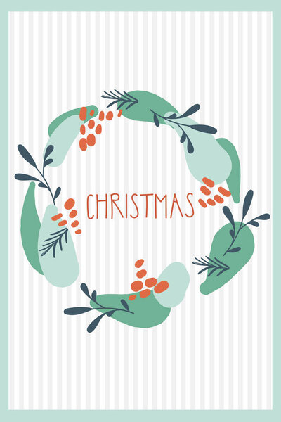 Christmas and New Year greeting card with wreath and hand written Christmas text . Pine wreath. Decorative element.