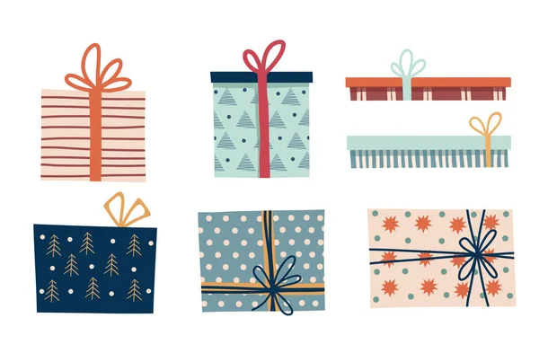 Set Geschenkboxen Vorhanden Handgezeichnete Weihnachts Oder Geburtstagsgeschenke Cliparts Set Illustration — Stockvektor