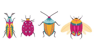 El çizimi böcekler. Böcek türleri ve egzotik böcek ikonları koleksiyonu. Komik böcekler. Simge, logo, yazdırma, simge, kart, amblem, etiket, web