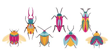 El çizimi böcekler. Böcek türleri ve egzotik böcek ikonları koleksiyonu. Komik böcekler. Simge, logo, yazdırma, simge, kart, amblem, etiket, web