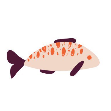 Vektör el düz bir şekilde sevimli balık çizdi. Turuncu noktalı balık. Simge, logo, baskı, simge, kart, amblem, etiket için vektör illüstrasyonu. Akvaryum, okyanus, deniz