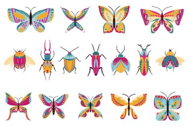Kelebek ve böceklerden oluşan büyük bir koleksiyon. Soyut dekoratif tasarım. Kelebekler ve böcekler vektör simgeleri ayarlandı. Simge, logo, yazdırma, simge, kart, amblem, etiket için vektör illüstrasyonu.