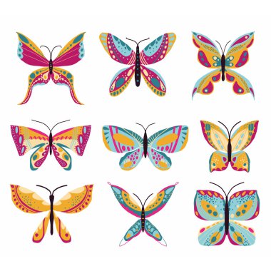 El yapımı kelebek koleksiyonu. Kelebek vektör simgeleri ayarlandı. Simge, logo, yazdırma, simge, kart, amblem, etiket için vektör illüstrasyonu.