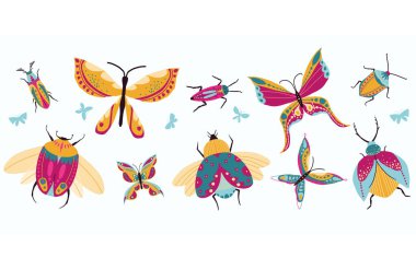 Collection of hand drawn butterflies and bugs. Abstract decorative design. Butterflies and bugs vector icons set. Vector illustration for icon, logo, print, card, emblem, label.