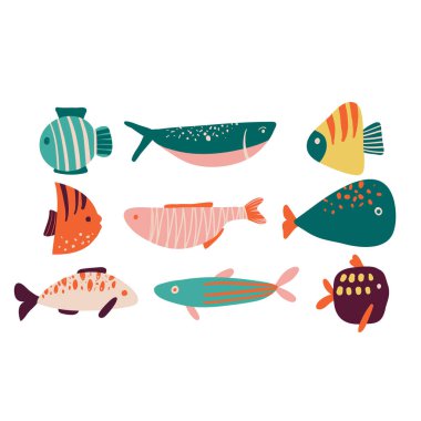 Vektör el koleksiyonu düz bir şekilde şirin balıklar çizdi. Balık vücudu, vektör simgeleri. Simge, logo, baskı, simge, kart, amblem, etiket için vektör illüstrasyonu. Akvaryum, okyanus, deniz